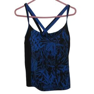 Lands' End Women Tankini Swimsuit Top Blue & Black Criss Cross Straps Back W/16